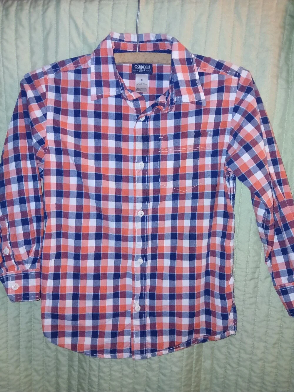 OshKosh Boy' Size 8 Orange,Blue, & White Plaid LS Button-Up Shirt. FF#491